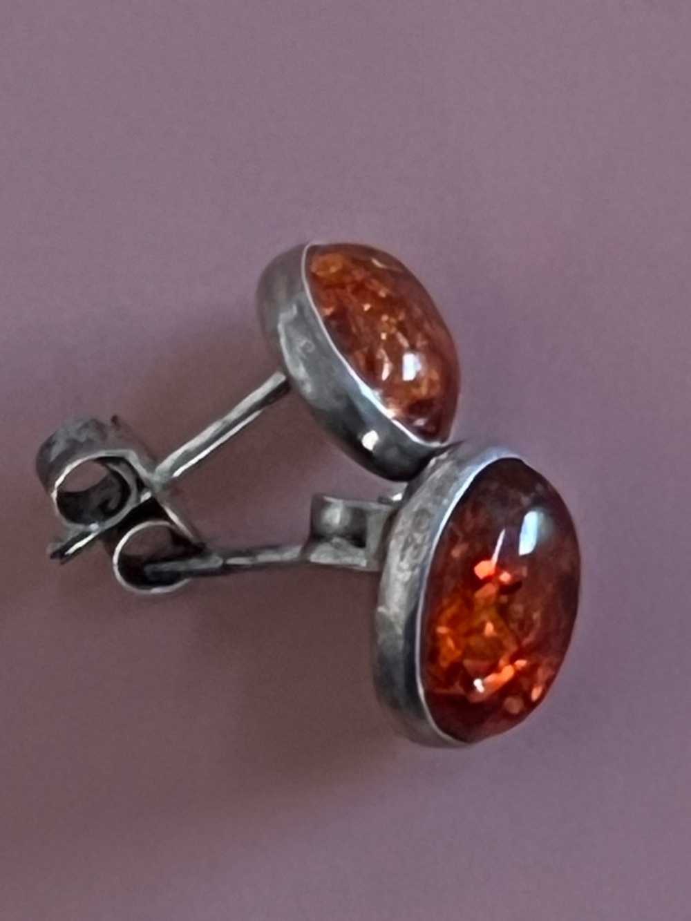 Silver Amber Cabochon Stud Earrings - Deep Cognac Amber